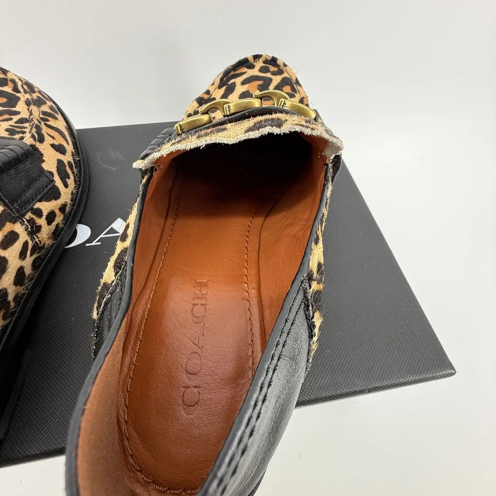 Coach Putnam Leopard Calf Hair Loafers‎ Black Leather Chain G2426 Natural 6.5B